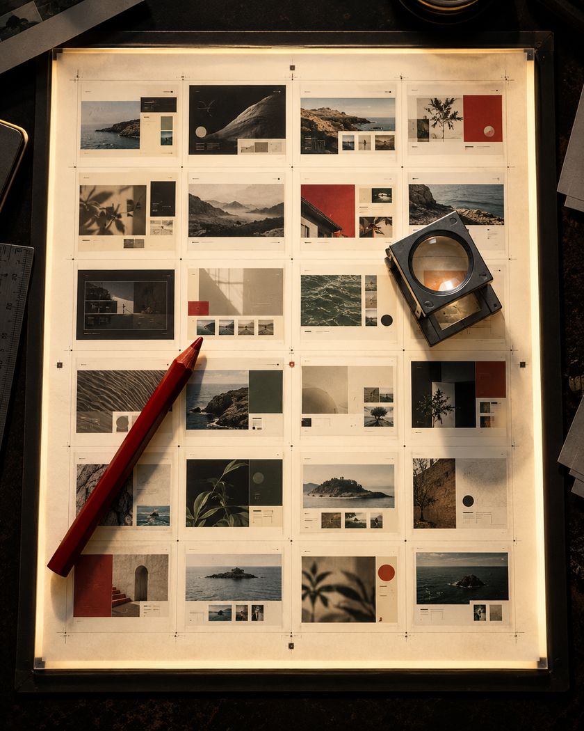 A glowing light table holding a proof sheet of small website pictures, with a loupe and a red china marker