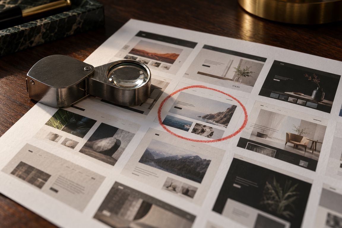 A steel loupe on a proof sheet of website pictures, one circled in red pencil